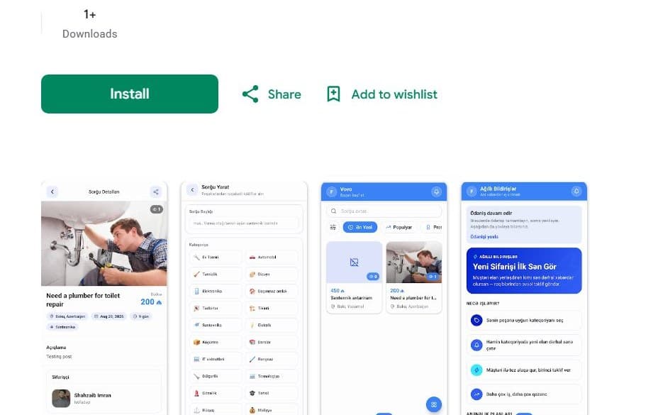 Vovo — Real alıcılar — App screens — request details, categories, feed, smart alerts